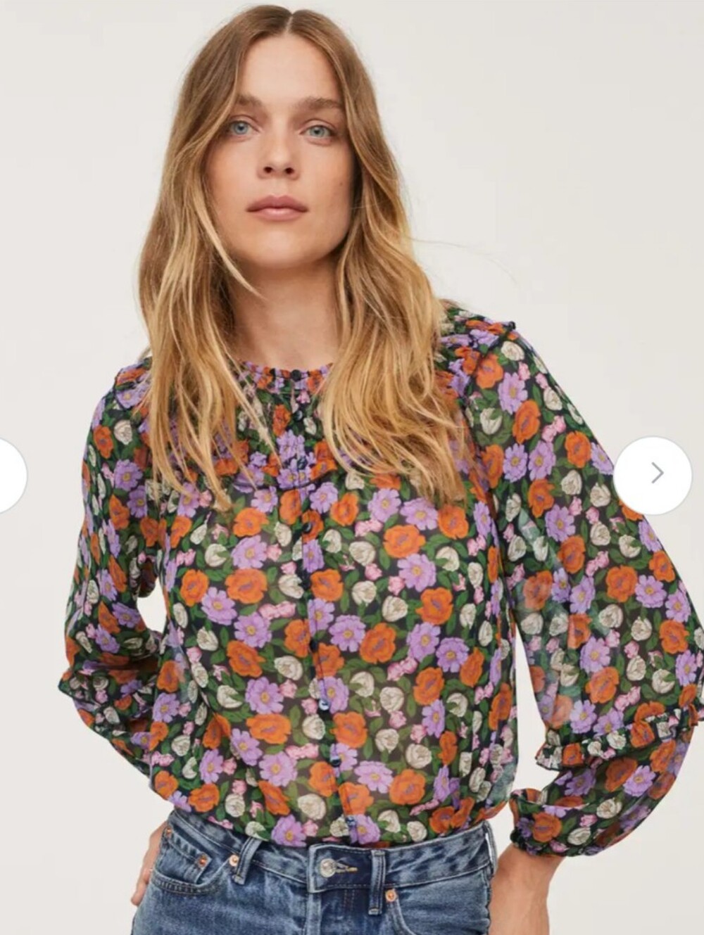 Mango sheer floral button down blouse pink purple xs